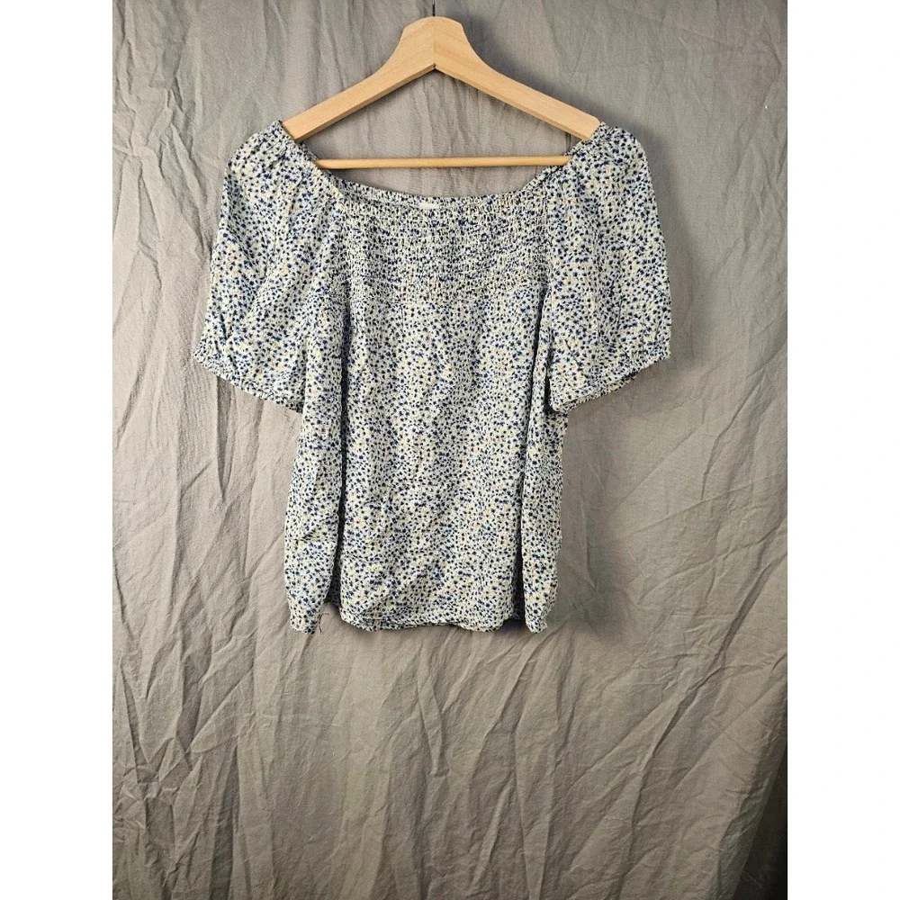 Old Navy Womens Large Blue Floral Smocked Square Neck Puff Sleeve Blouse Top